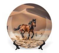 FekiLoot Horses Running in Desert StormDecorative Plate Round Ceramic Plates with Display Stand Salad & Dessert Serving Plates Home Table Art Decoration for Kitchen Dining Room Wine Cabinet 10inch
