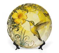 FekiLoot Hummingbird Allamanda Flower Decorative Plates Bone China Plates with Stand for Display 8inch Round Ceramic Dinner Plates Dessert Plate for Kitchen Party Coffee Table Decor Art