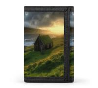 FekiLoot Iceland Hut Grass Coast Sea Sun Rays Wallets Exquisite Trifold Wallet Front Pocket Wallet with Zipper Keychain Coin Purse Credit Card Holder for Adult