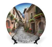 FekiLoot Italian Town Street Bone China Decorative Plate for Art Crafts, Chinese Style Decorative Dish with Stand, Hanging Ceramic Plates Ornaments 6inch for Home, Office, Wall Decor
