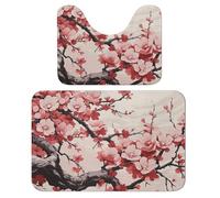 FekiLoot Japanese Floral Cherry Blossom Bath Rug Mat 2 Piece Set 15.7"x23.6" Super Absorbent Bathroom Rugs with U Shaped Contour Bathroom Mat Washable Bath Mats, Non-Slip Backing for Toilet Rug