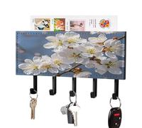 FekiLoot Japanese Floral Cherry Blossom Key Holder for Wall Rustic Key Hooks with Shelf and Mail Organizer Wall Mount PU Leather Keys Rack with 5 Hooks for Home Decor Hallway Entryway