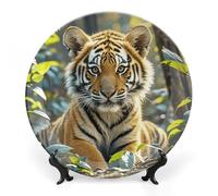 FekiLoot Jungle Tigers CubDecorative Plate Round Ceramic Plates with Display Stand Salad & Dessert Serving Plates Home Table Art Decoration for Kitchen Dining Room Wine Cabinet 8inch