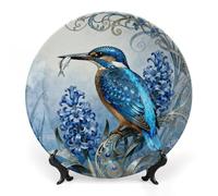 FekiLoot Kingfisher Hyacinth Bloom Decorative Plates Bone China Plates with Stand for Display 10inch Round Ceramic Dinner Plates Dessert Plate for Kitchen Party Coffee Table Decor Art