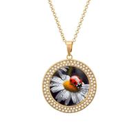 FekiLoot Ladybug on Daisy Flower Pendant Necklaces Non-Tarnish Round Necklace Multicolored Diamond Studded Exquisite Necklace Coin Pendant Fashion Jewelry Necklaces Gifts for Women, One size, Metal