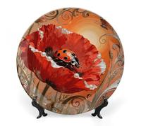 FekiLoot Ladybug Petal Decorative Plates Bone China Plates with Stand for Display 6inch Round Ceramic Dinner Plates Dessert Plate for Kitchen Party Coffee Table Decor Art