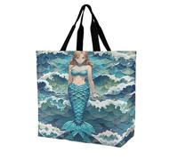FekiLoot Large Capacity Blue Waves Squama Mermaid Scale Tote Bags for Women Fashion Shoulder Bag Lightweight Reusable Grocery Bags Folding Shopping Bag Casual Tote Handbag for Work Travel Shopping