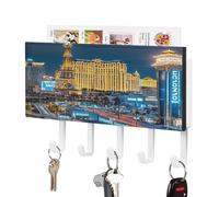 FekiLoot Las Vegas Night View Key Holder for Wall Rustic Key Hooks with Shelf and Mail Organizer Wall Mount PU Leather Keys Rack with 5 Hooks for Home Decor Hallway Entryway