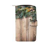 FekiLoot Leaves Floral on Rustic Wood Wallet Large Capacity Travel Double Fold Wallets Portable Zipper Leather Purse for Women Men