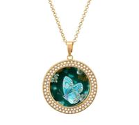 FekiLoot Light Blue Butterfly Pendant Necklaces Non-Tarnish Round Necklace Multicolored Diamond Studded Exquisite Necklace Coin Pendant Fashion Jewelry Necklaces Gifts for Women, One size, Metal, No