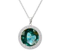 FekiLoot Light Blue Butterfly Pendant Necklaces Non-Tarnish Round Necklace Multicolored Diamond Studded Exquisite Necklace Coin Pendant Fashion Jewelry Necklaces Gifts for Women, One size, Metal, No