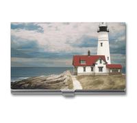 FekiLoot Lighthouse Backdrop Business Card Holder Aluminum Alloy Business Card Case Convenient to Carry Business Card Dispenser for Men Women