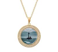 FekiLoot Lighthouse Ocean Pendant Necklaces Non-Tarnish Round Necklace Multicolored Diamond Studded Exquisite Necklace Coin Pendant Fashion Jewelry Necklaces Gifts for Women, One size, Metal, No