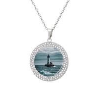 FekiLoot Lighthouse Ocean Pendant Necklaces Non-Tarnish Round Necklace Multicolored Diamond Studded Exquisite Necklace Coin Pendant Fashion Jewelry Necklaces Gifts for Women, One size, Metal, No