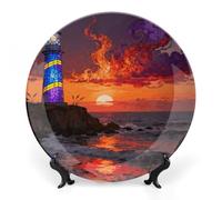 FekiLoot Lighthouse on The Seaside Decorative Plates Bone China Plates with Stand for Display 10inch Round Ceramic Dinner Plates Dessert Plate for Kitchen Party Coffee Table Decor Art