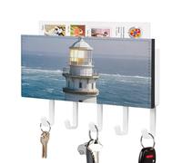 FekiLoot Lighthouse Sandbeach Key Holder Wall Mount PU Leather Adhesive Key Rack with 5 Hooks Decorative Keys Storage Holder Mail Organizer Decor for Entryway Hallway Office Kitchen White