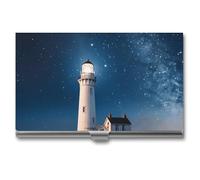 FekiLoot Lighthouse Under Starry Night Sky Business Card Holder Slim Metal Business Card Case Holder Personalized Professional Name Card Holder Minimalist Name Cards Case for Women Men