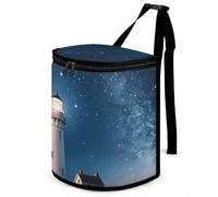 FekiLoot Lighthouse Under Starry Night Sky Car Trash Can Waterproof Leakproof Hanging Trash Bin with Lid Portable Large Capacity Car Garbage Bag and Storage Bag for Outdoor Traveling Home Use