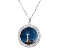 FekiLoot Lighthouse Under Starry Night Sky Pendant Necklaces Non-Tarnish Round Necklace Multicolored Diamond Studded Exquisite Necklace Coin Pendant Fashion Jewelry Necklaces Gifts for Women, One size