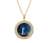 FekiLoot Lighthouse Under Starry Night Sky Pendant Necklaces Non-Tarnish Round Necklace Multicolored Diamond Studded Exquisite Necklace Coin Pendant Fashion Jewelry Necklaces Gifts for Women, One size