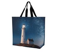 FekiLoot Lighthouse Under Starry Night Sky Tote Bag for Women Reusable Grocery Bags Cute Personalized Shoulder Shopping Bag Lightweight Cute Beach Bag for Work Travel Grocery