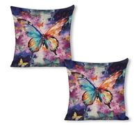 FekiLoot Linen Colorful Butterfly Throw Pillow Cover 18x18 Inch Double Sided Decorative Print Pillow Case Outdoor Farmhouse Square Cushion Cover Case Home Decor for Sofa Couch Bed Car 18"x18"（2pcs）