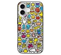 FekiLoot Little Owls Doodle for iPhone 16 Case Tempered Glass TPU Back Panel Shockproof with Anti-Fingerprint Phone Cover