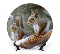 FekiLoot Little Squirrel Bone China Decorative Plate for Art Crafts, Chinese Style Decorative Dish with Stand, Hanging Ceramic Plates Ornaments 10inch for Home, Office, Wall Decor