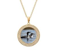 FekiLoot Loon Birds Pendant Necklaces Non-Tarnish Round Necklace Multicolored Diamond Studded Exquisite Necklace Coin Pendant Fashion Jewelry Necklaces Gifts for Women, One size, Metal, No Gemstone