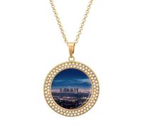 FekiLoot Los Angeles Skyline Pendant Necklaces Non-Tarnish Round Necklace Multicolored Diamond Studded Exquisite Necklace Coin Pendant Fashion Jewelry Necklaces Gifts for Women, One size, Metal, No