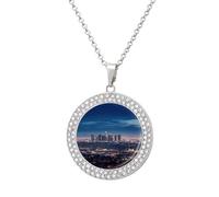 FekiLoot Los Angeles Skyline Pendant Necklaces Non-Tarnish Round Necklace Multicolored Diamond Studded Exquisite Necklace Coin Pendant Fashion Jewelry Necklaces Gifts for Women, One size, Metal, No
