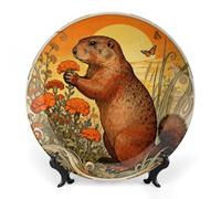 FekiLoot Marmot Marigold Patch Decorative Plates Bone China Plates with Stand for Display 7inch Round Ceramic Dinner Plates Dessert Plate for Kitchen Party Coffee Table Decor Art