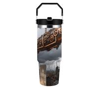 FekiLoot Mechanical Airship 30oz Tumbler with Handle And Flip Straw Lid Double Wall Travel Leak-proof Coffee Mug Stainless Steel Vacuum Insulated Coffee Tumblers Cup for Hot And Cold Drinks