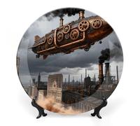 FekiLoot Mechanical Airship Decorative Plates Bone China Plates with Stand for Display 8inch Round Ceramic Dinner Plates Dessert Plate for Kitchen Party Coffee Table Decor Art