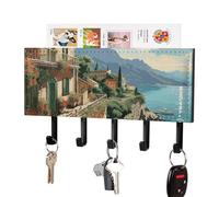FekiLoot Mediterranean Summer Key Holder for Wall Adhesive Key Hanger with 5 Hooks Wall Mounted PU Leather Key Storage Organizer Towel Hook for Entryway Hallway Living Room Office