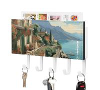 FekiLoot Mediterranean Summer Key Holder for Wall Adhesive Key Hanger with 5 Hooks Wall Mounted PU Leather Key Storage Organizer Towel Hook for Entryway Hallway Living Room Office