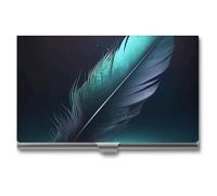 FekiLoot Metal Blue Feather Pattern Business Card Case Slim Pocket Business Card Holder Buckle Shut Minimalist Aluminum Alloy Professional Name Cards Case Flip Cover for Men Women