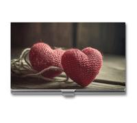 FekiLoot Metal Two Crocheted Hearts Business Card Case Slim Pocket Business Card Holder Buckle Shut Minimalist Aluminum Alloy Professional Name Cards Case Flip Cover for Men Women