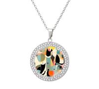 FekiLoot Mid-Century Modern Art Cat Pendant Necklace for Women Men Elegant Diamond Circle Necklaces with 19.7 Inch Chain, Zinc Diamond Jewelry for Birthday Christmas Valentine's Day Gift, One Size