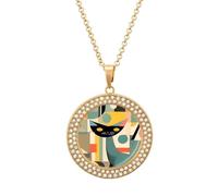 FekiLoot Mid-Century Modern Art Cat Pendant Necklace for Women Men Elegant Diamond Circle Necklaces with 19.7 Inch Chain, Zinc Diamond Jewelry for Birthday Christmas Valentine's Day Gift, One Size