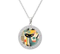FekiLoot Mid-Century Modern Art Cat Pendant Necklace for Women Men Elegant Diamond Circle Necklaces with 19.7 Inch Chain, Zinc Diamond Jewelry for Birthday Christmas Valentine's Day Gift, One Size