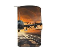 FekiLoot Military Plane Landing on Airforce Runways Against Beautiful Dusky Sky Leather Long Wallet 12 Card Slot Travel Long Purse Clutch Wallet with Zip Credit Card Holder