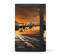 FekiLoot Military Plane Landing on Airforce Runways Against Beautiful Dusky Sky Trifold Wallet Slim Minimalist Front Pocket Men's Passcase Wallet Credit Card Holder