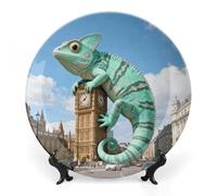 FekiLoot Mint Lizard Clocktower Decorative Plates Bone China Plates with Stand for Display 8inch Round Ceramic Dinner Plates Dessert Plate for Kitchen Party Coffee Table Decor Art