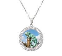 FekiLoot Mint Lizard Clocktower Pendant Necklace for Women Men Elegant Diamond Circle Necklaces with 19.7 Inch Chain, Zinc Diamond Jewelry for Birthday Christmas Valentine's Day Gift, One Size, Zinc