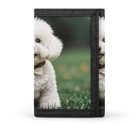 FekiLoot Money Clip Slim Wallets for Man, Bichon Frise Dog on The Grass Trifold Wallet with ID Window, Extra Capacity Coin Pocket with Zipper for Anniversary, Birthday, Valentine's Day Gift