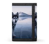 FekiLoot Money Clip Slim Wallets for Man, Husky Dog on A Frozen Lake Trifold Wallet with ID Window, Extra Capacity Coin Pocket with Zipper for Anniversary, Birthday, Valentine's Day Gift