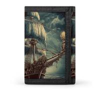 FekiLoot Money Clip Slim Wallets for Man, Nautical Vintage Sailing Pirate Ship Trifold Wallet with ID Window, Extra Capacity Coin Pocket with Zipper for Anniversary, Birthday, Valentine's Day Gift