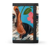 FekiLoot Money Clip Slim Wallets for Man, Sweet Basset Hound Florals Trifold Wallet with ID Window, Extra Capacity Coin Pocket with Zipper for Anniversary, Birthday, Valentine's Day Gift
