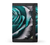 FekiLoot Money Clip Slim Wallets for Man, Teal Gray Rose Flower Trifold Wallet with ID Window, Extra Capacity Coin Pocket with Zipper for Anniversary, Birthday, Valentine's Day Gift